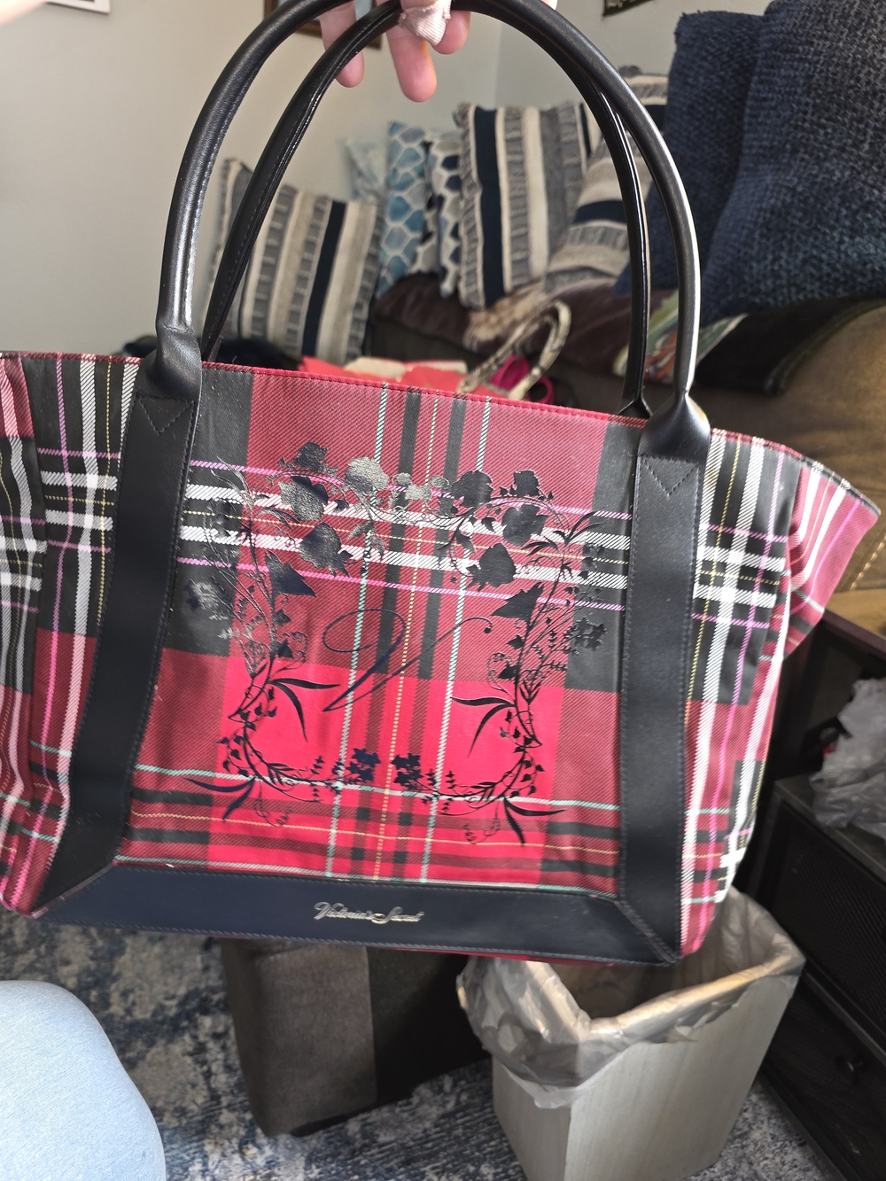 Plaid Red Tote Bag with Black Trim